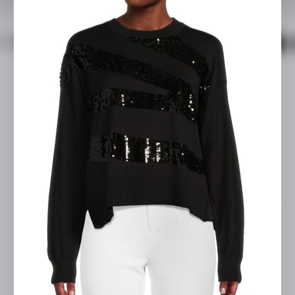DKNY ​Women’s Zig Zag Sequin Crewneck Long Sleeve Black Sweater Size M - Picture 1 of 5